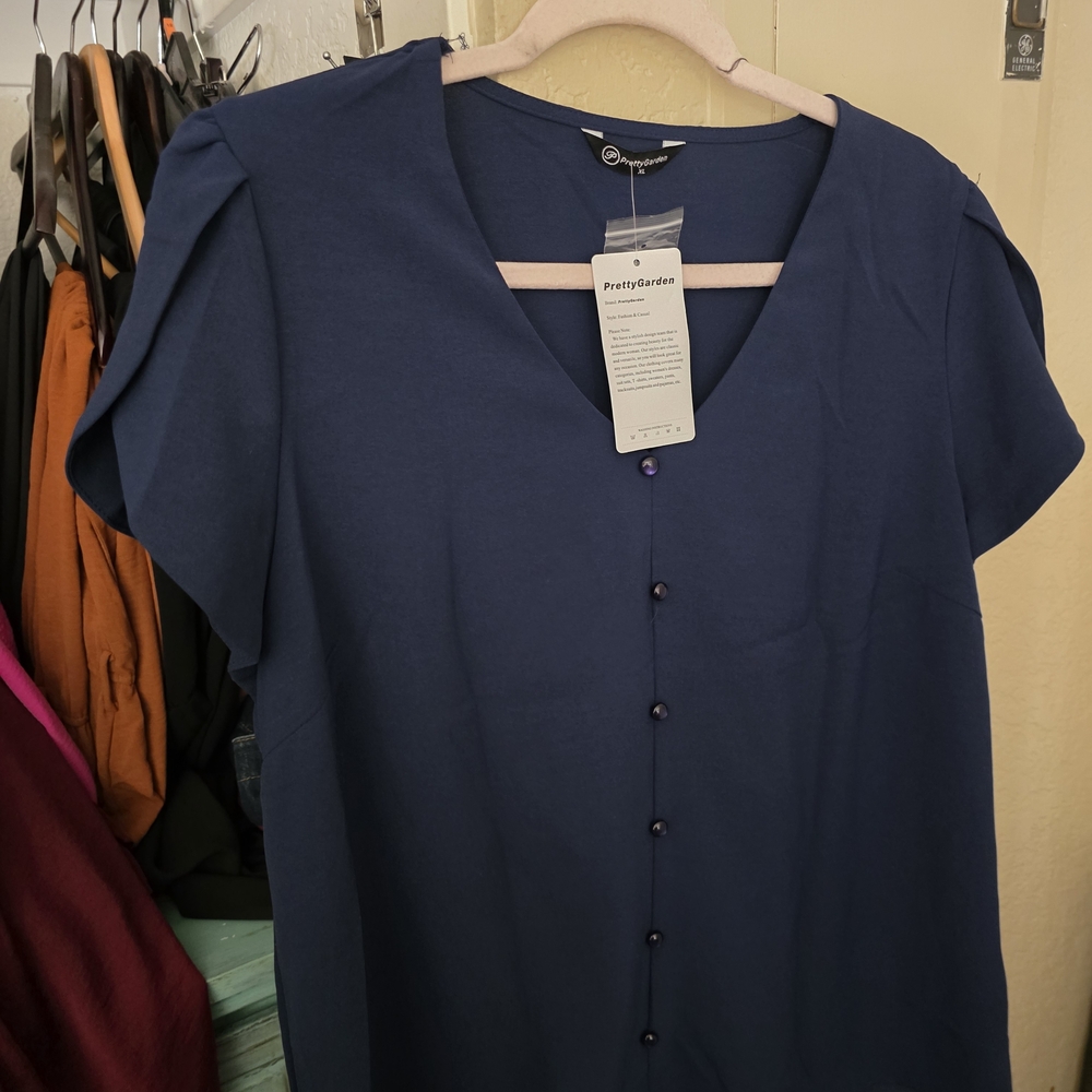 Navy Button-Front V-Neck Women’s Top